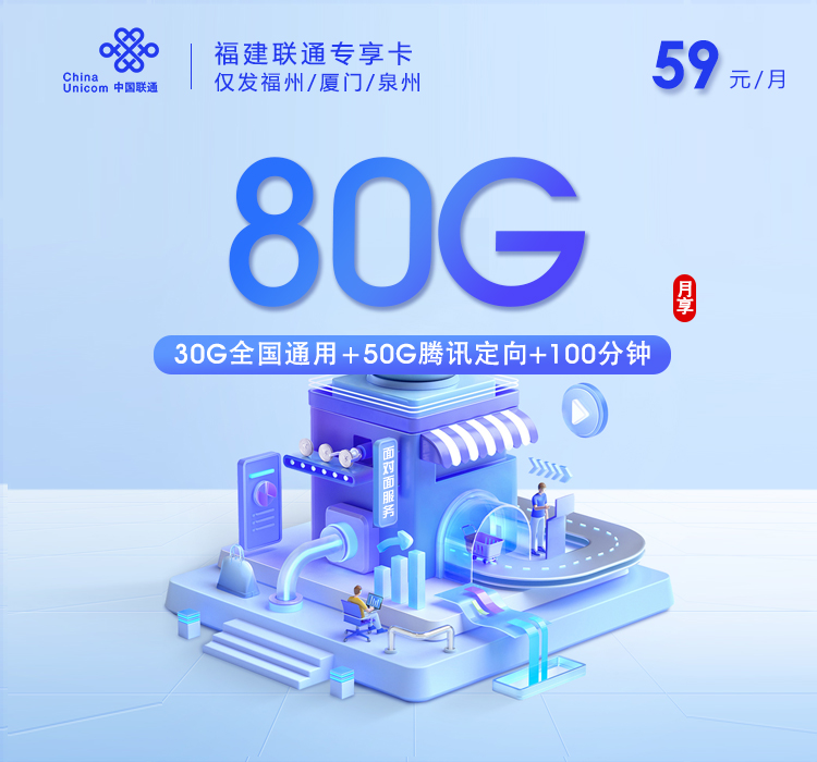 福建联通专享卡【59元80G+100分钟】仅发福州/厦门/泉州