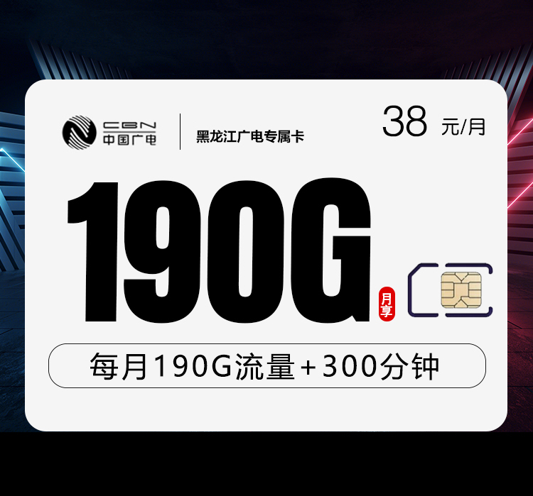 黑龙江广电专属卡【38元190G+300分钟】