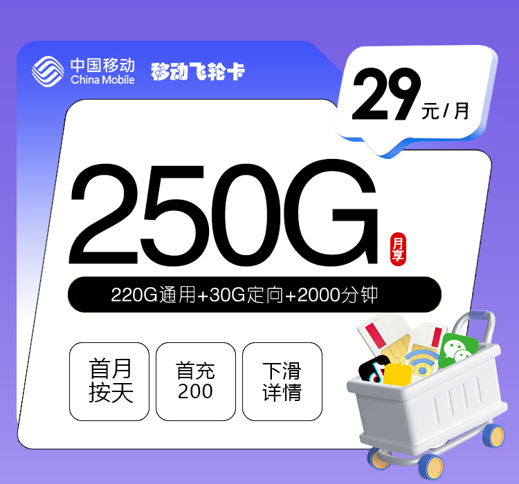 移动飞轮卡【29元250G+2000分钟】