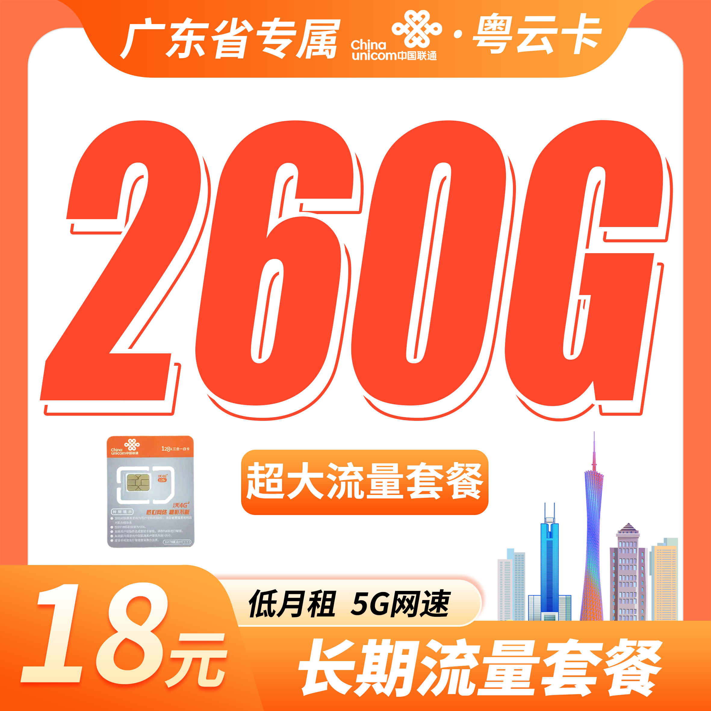 联通粤云卡18元260G+长期套餐+广东省专属！