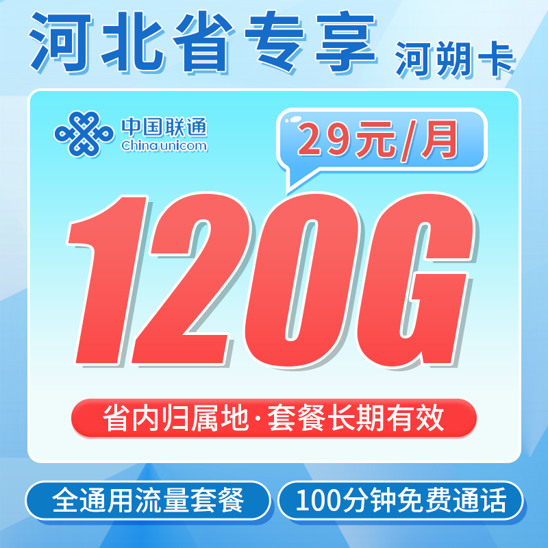 联通河朔卡29元120G+100分钟+长期套餐+河北专属!