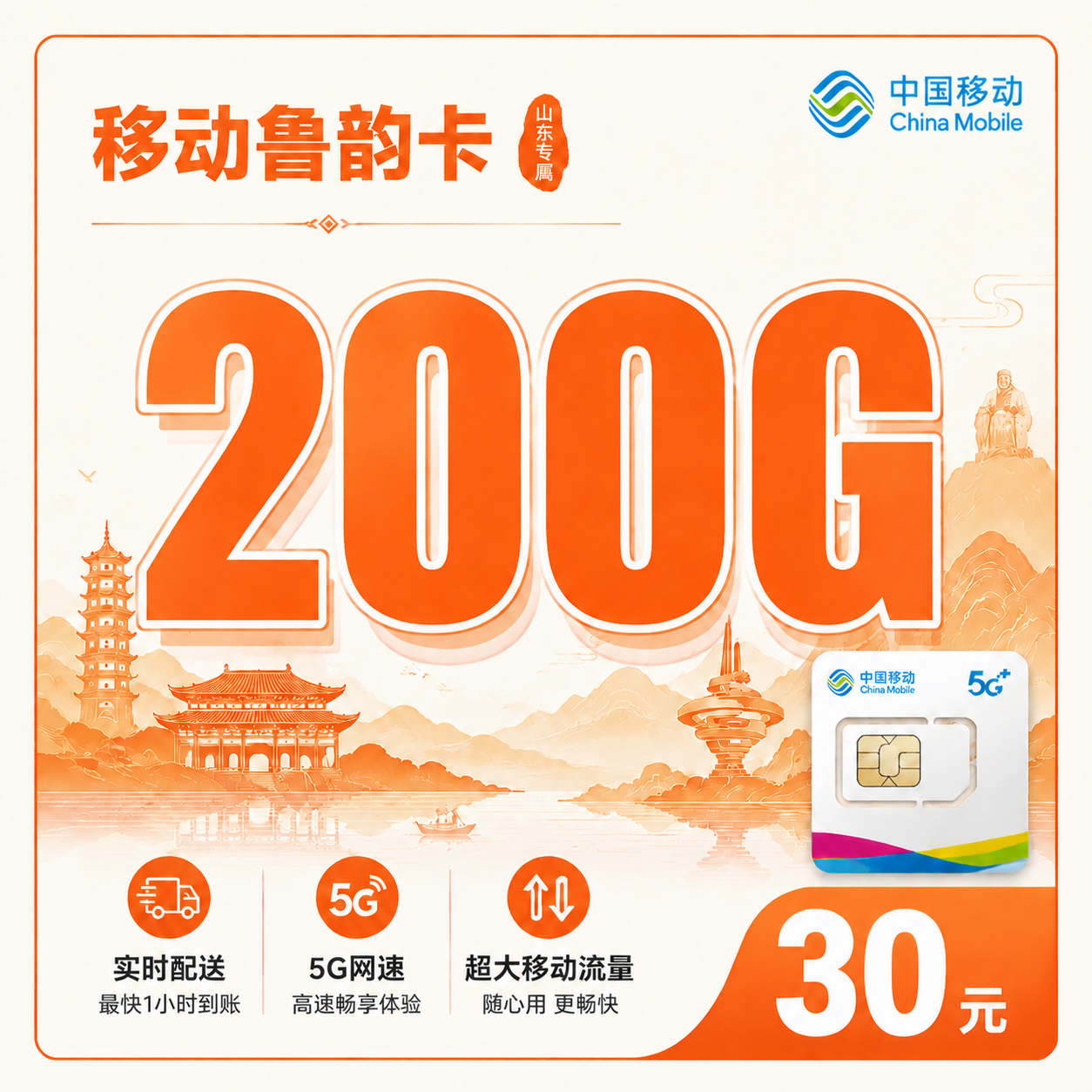 移动鲁韵卡30元200G+山东专属!