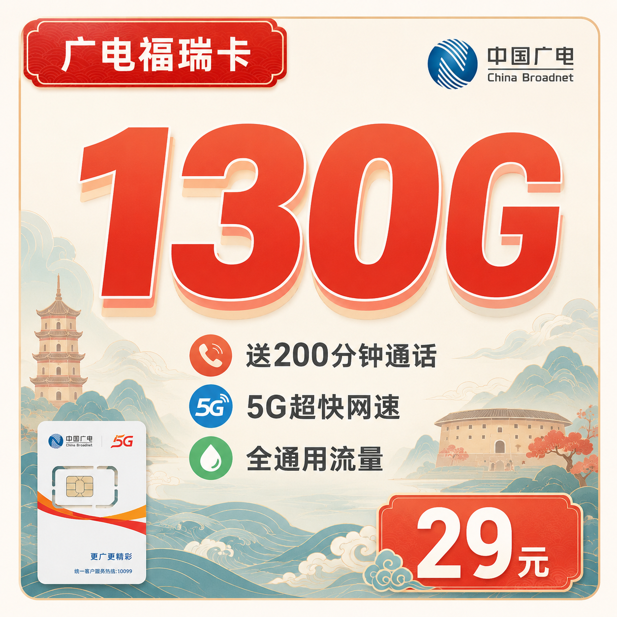广电福瑞卡29元130G通用流量+200分钟+福建专属!