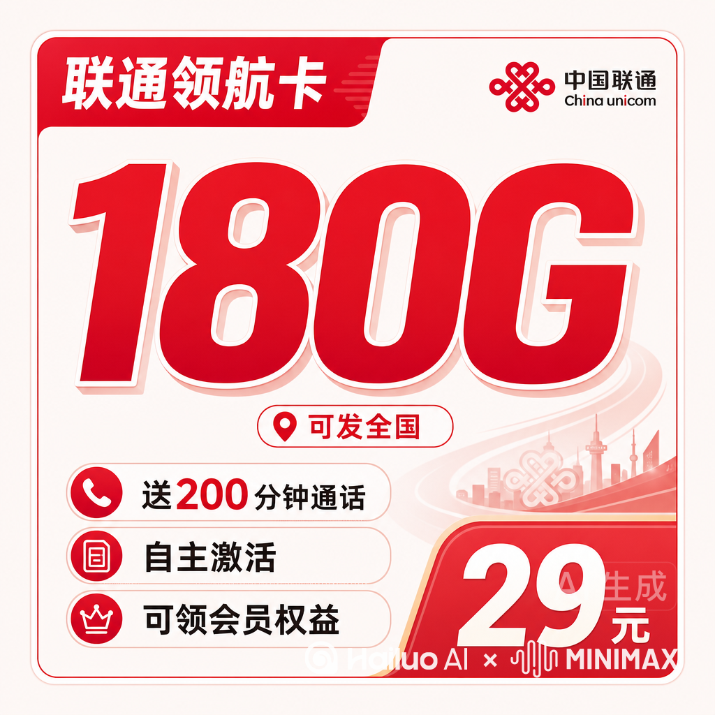 联通领航卡29元180G+200分钟+可发全国!