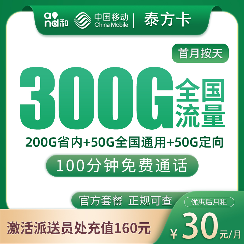 移动泰方卡30元300G+100分钟【只发山东】