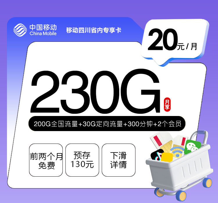 移动四川省内专享卡【20元230G+300分钟+2个会员】