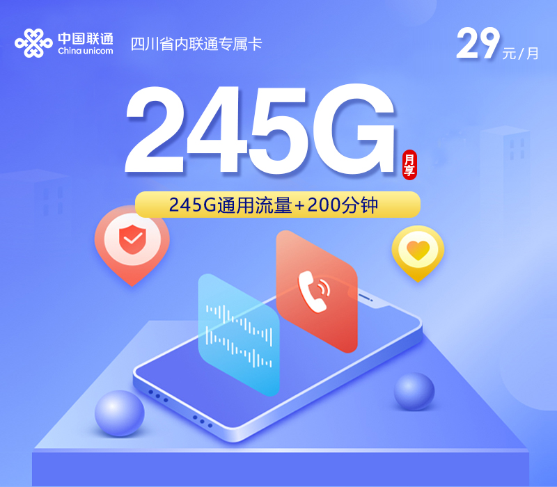 四川省内联通专属卡【29元245G+200分钟】