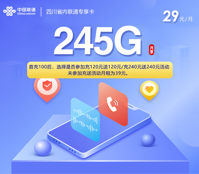 四川省内联通专享卡【29元245G+200分钟】