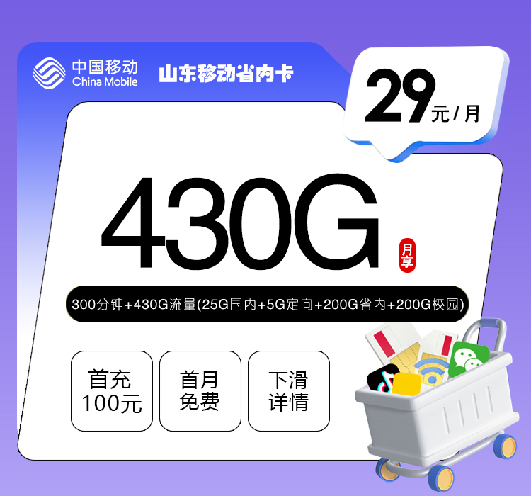 山东移动省内卡【29元430G流量+300分钟】