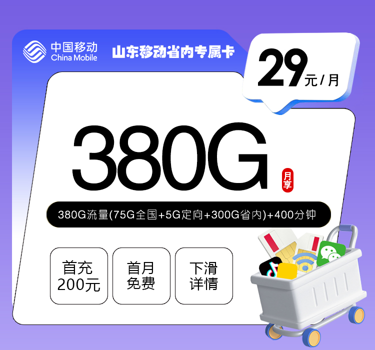 山东移动省内专属卡【29元380G流量+400分钟】