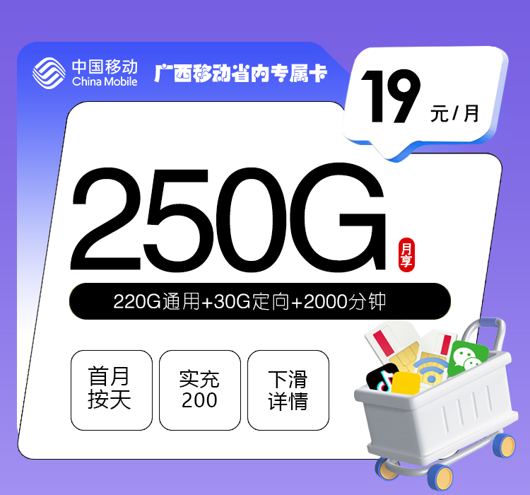 广西移动省内专属卡【19元250G+2000分钟】