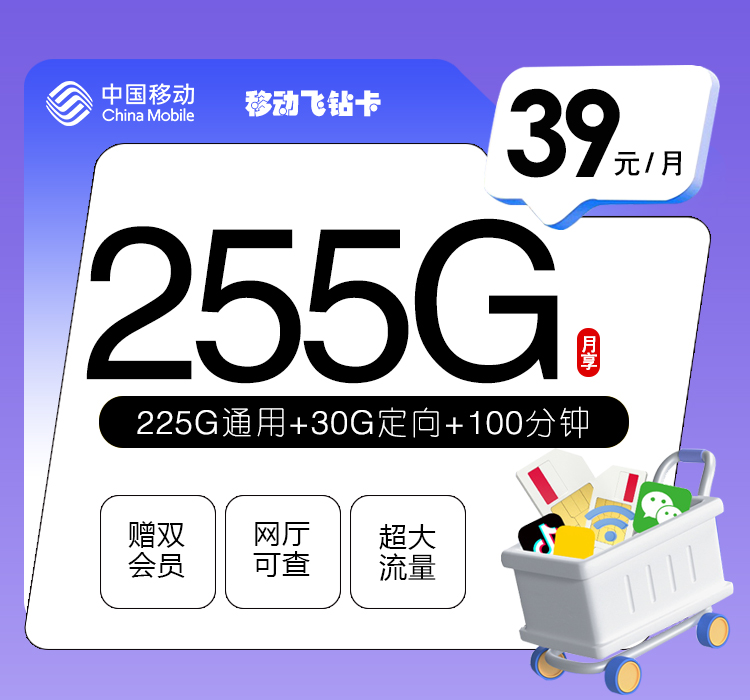移动飞钻卡【39元255G+100分钟+双会员】【仅发广东】