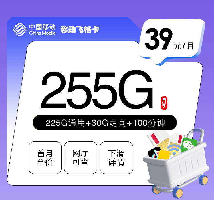 移动飞格卡【39元255G+100分钟+双会员】