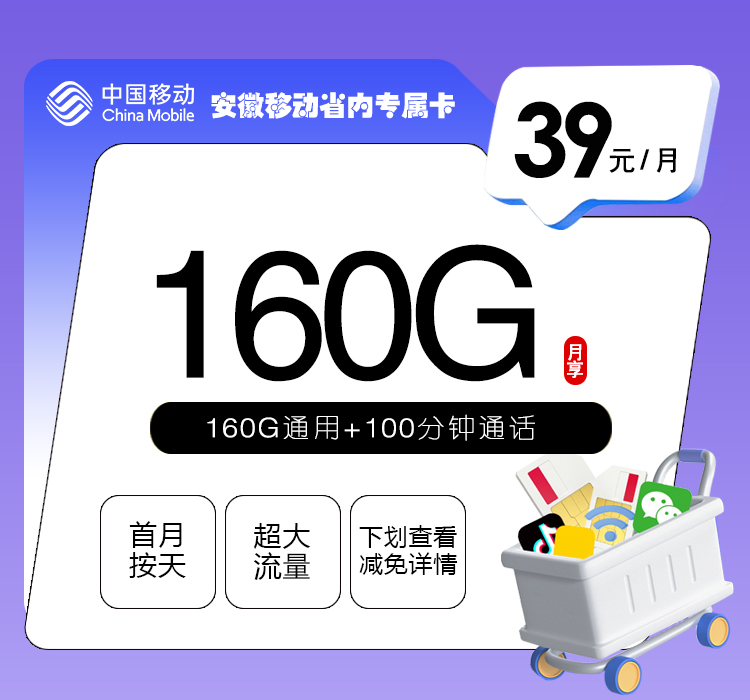 安徽移动省内专属卡【39元160G+100分钟】
