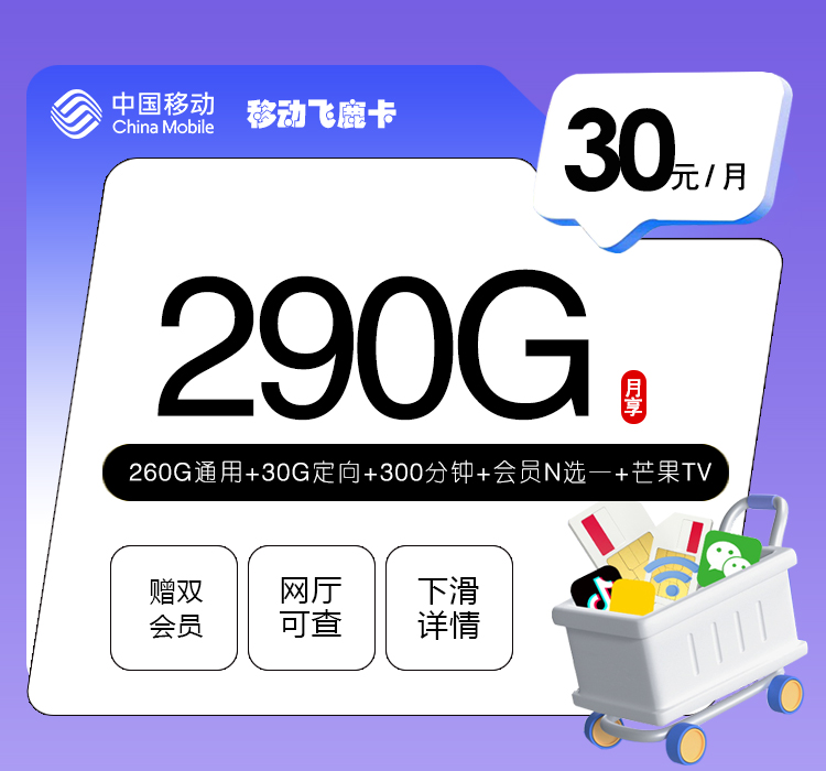 移动飞鹿卡【30元290G+300分钟+双会员】
