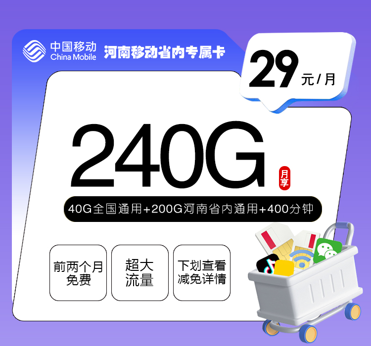 河南移动省内专属卡【29元240G+400分钟+会员】