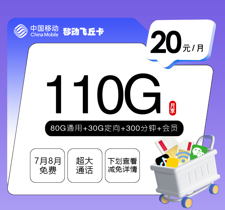 移动飞丘卡【20元110G+300分钟+会员】