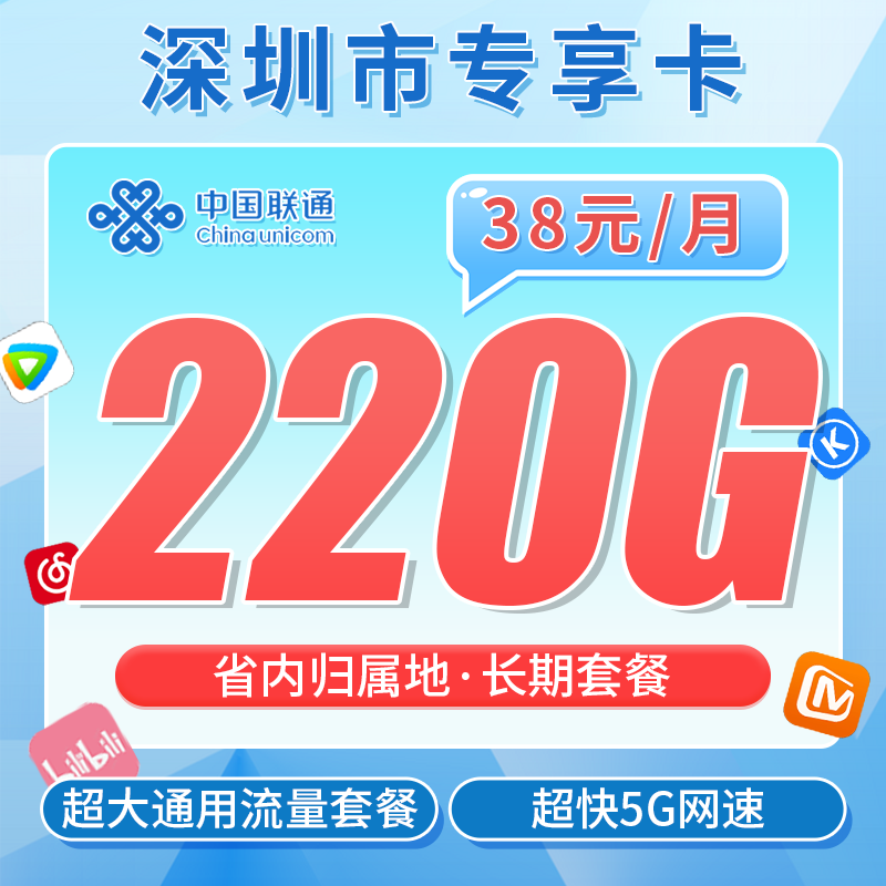 联通广东卡38元220G+广东省专属!
