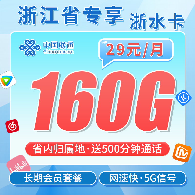联通浙水卡29元160G+500分钟+视频会员!