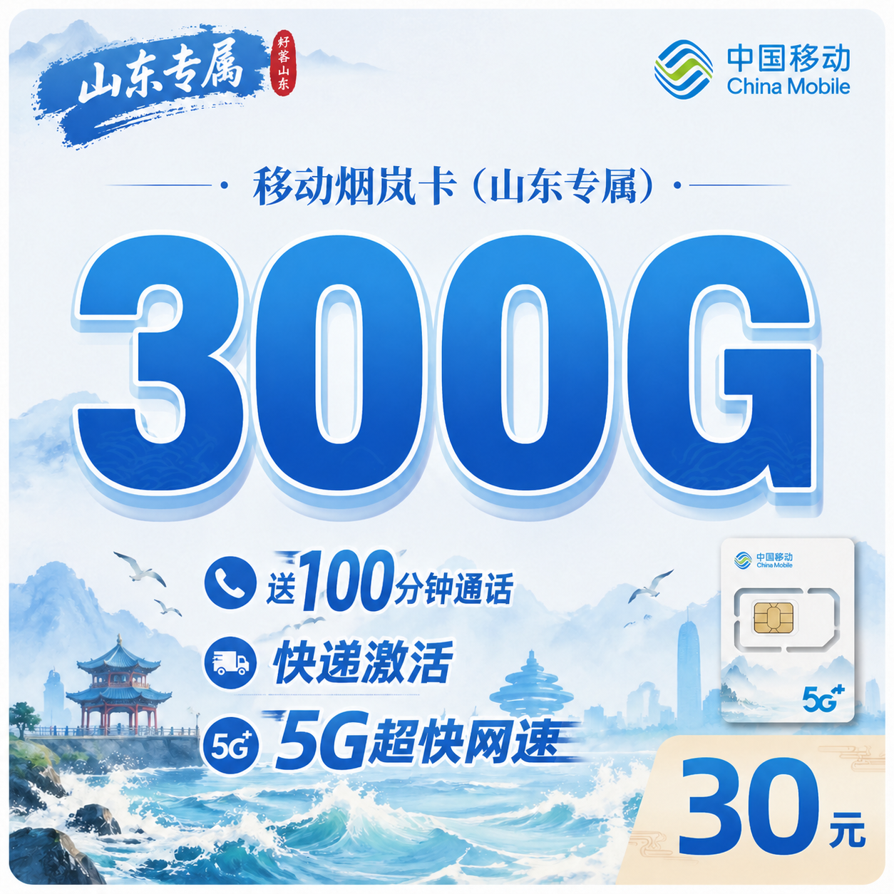 移动烟岚卡30元300G+100分钟+山东专属!